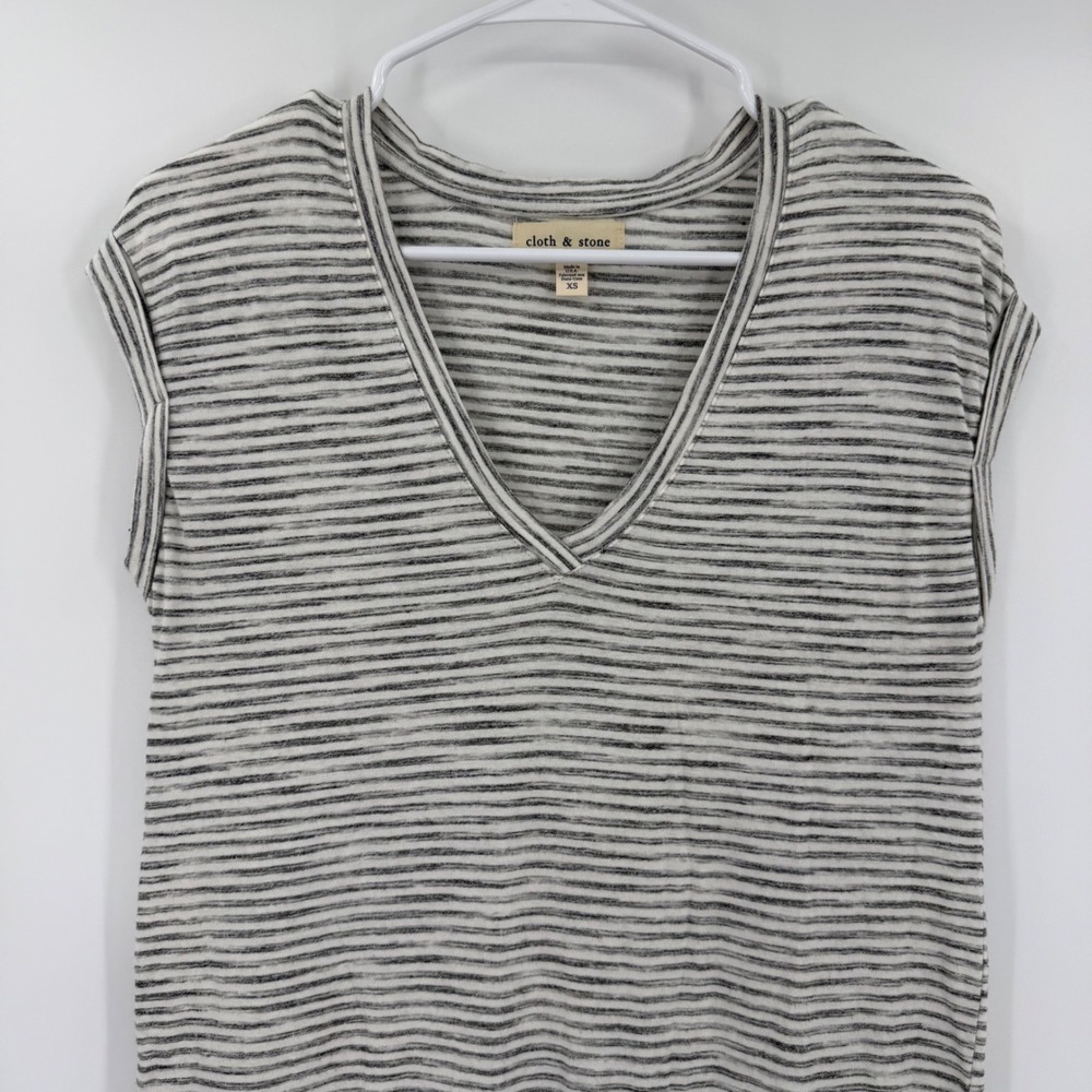 Cloth & Stone Anthropologie Striped V-Neck Midi Dress Grey White C1962-155 XS - Picture 4 of 11